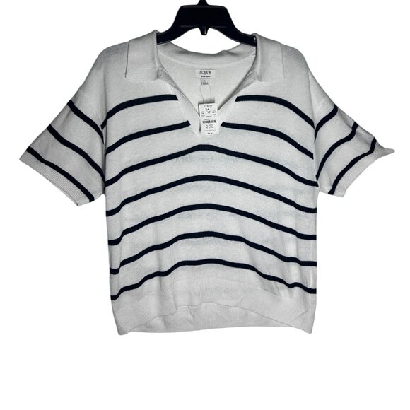 J.Crew Linen Blend Striped Sweater Women's Large V-Neck SS Black & White NEW - Picture 1 of 8